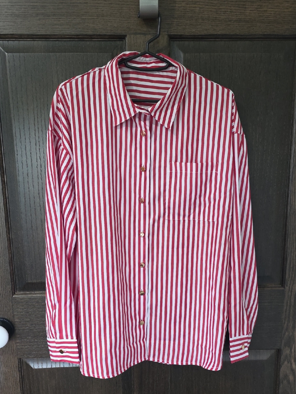 Classic Women's Red and White Stripe Button-Down Shirt